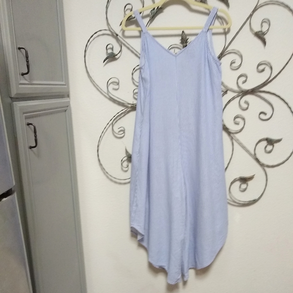 MSK linen blend striped jumper romper wide gaucho leg asymmetrical hem - Picture 2 of 15